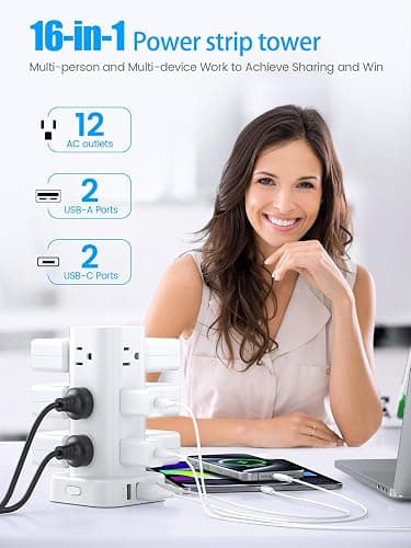 Tower Power Strips with Surge Protection, 6FT Flat Extension Cord with Multiple Outlets, 12 AC 4 USB Ports, Overload Protection Charging Station for Office Home Dorm Room Travel (White) thumbnail 2