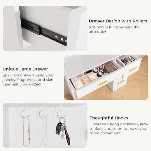 HABIUBIU 35” Small Vanity Desk with Mirror and Lights,10 Lights,3 Color Modes,Makeup Vanity Desk with 4 Storage Shelves 4 Drawers and Power Outlet,for Bedroom & Dressing Room,White vanitys thumbnail 5