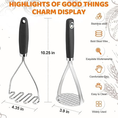Potato Masher Set of 2 Pieces, 10.25-Inch Stainless Steel Wire Mashed Potato Masher, Kitchen Gourmet Making Tools Professional Integrated Honeycomb, For Vegetable, Fruit, Melon, Potato Etc, Black thumbnail 2