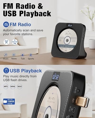 MEGATEK Portable CD Player with Bluetooth RX/TX, FM Radio & USB - Black | Desktop Design, HiFi Stereo Speakers, Front Display, Headphone Jack, Sleep Timer, Remote, USB-C Adapter Included thumbnail 6