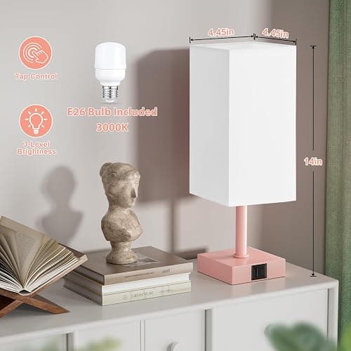Ambimall Touch Control Table Lamp with USB A+C Charging Ports - 3 Way Touch Lamps Bedside, Nightstand Lamp for Bedrooms, LED Bulb Included(White Shade & Pink Base) thumbnail 2