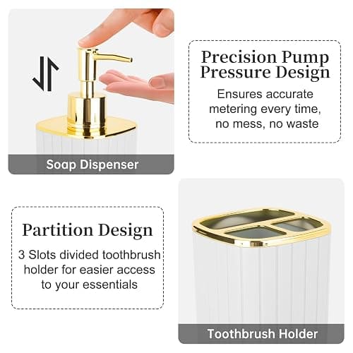 2PCS Bathroom Accessories Set, White and Gold Bathroom Accessories Include Soap Dispenser and Toothbrush Holder for Boho Bathroom Decor thumbnail 4