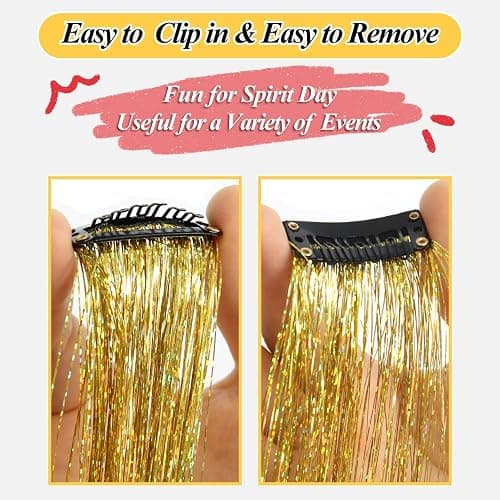 OSUNTRESS Gold Hair Tinsel Clip In Accessories for Women 480 Strands 6Pcs | 20-22 Inch Fairy Clip On Hair Tinsel Kit Glitter Heat Resistant Straight Colored Extensions for USA Girl Festival Party Beach thumbnail 4
