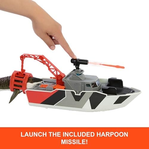 Mattel Matchbox Toy Car Playset, Jurassic World 12.5” Dino Boat with 13” Mosasaurus Dinosaur, 1:64 Die-Cast Jeep, Harpoon Missiles & Detachable Rescue Boat thumbnail 3