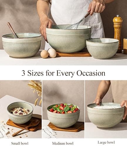 GBhome Ceramic Mixing Bowls Set of 3, Stoneware Nesting Serving Bowls, | 45/90/150 oz For Prep, Baking, Serving, Gift, Microwave and Dishwasher Safe, Ribbed Dishware Collection,Desert Sage thumbnail 4