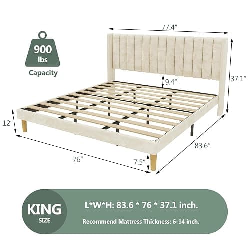 alazyhome Platform Bed Frame King Size with Upholstered Headboard, Solid Wood Slats Support, No Box Spring Needed, Noise Free, Easy Assembly, Modern Velvet Bed, Beige thumbnail 2
