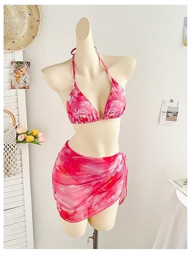 OYOANGLE Women's 3 Piece Swimsuits Tie Dye Floral Triangle Bikini Set with Sarong Cover Ups Vacation Bathing Suits thumbnail 5