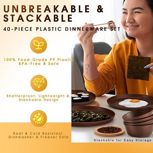 40 Piece Plastic Dinnerware Set for 8 with Cutlery, Unbreakable Plates and Bowls Set, Dishwasher & Microwave Safe Reusable Dish Set for Camping, RV, Outdoor Kitchen, Apartment Dining, Brown thumbnail 7