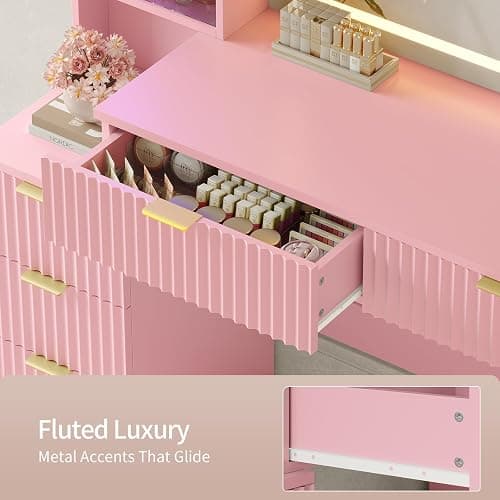 Big Vanity Desk, Fluted Makeup Vanity with Mirror Lights, Pink Vanities | Large, Charging Station, Sound Sync Chasing LED Lights, Wood Vanities, Luxury Glass Cabinets, 8 Drawers, Girls, Women thumbnail 9