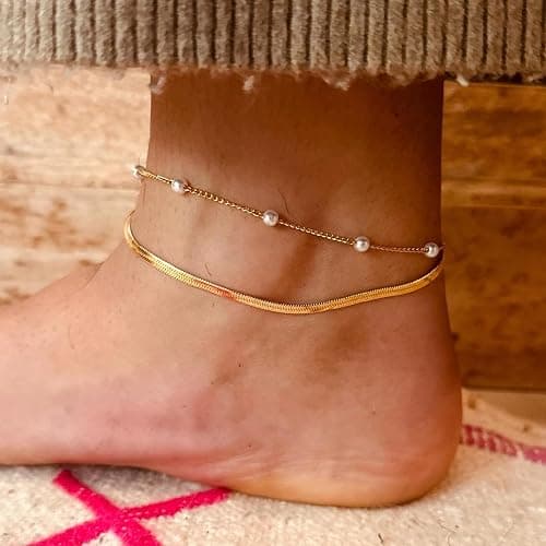 OAOMRIA Waterproof Ankle Bracelets for Women Gold Anklets Non Tarnish Pearl/Figaro/Cuban/Snake Chain Anklet Adjustable Anklets for Womens Summer Beach Anklet Foot Jewelry for Women Gift thumbnail 2