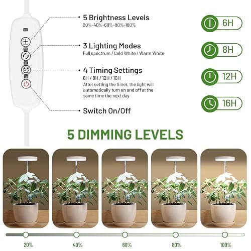 LBW Grow Lights for Indoor Plants, Full Spectrum Halo Grow Light with Base | 48 LED Plant Light for Small Plant, Base/Soil Stake, 7.8-26" Adjustable, 6/8/12/16H Timer, 3 Color Mode, 5 Brightness, 3 pack thumbnail 6