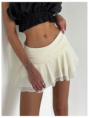 MakeMeChic Women's Tiered Layer Ruched Mesh Sheer Flared Ruffle Hem Summer Y2K Mini Skirts thumbnail 5