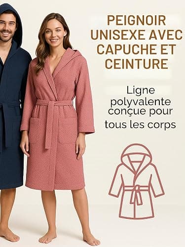 o-day Peignoir nid d'abeille pour femme et peignoir en coton avec capuche, poches et ceinture, léger et de voyage S-XXXL thumbnail 6