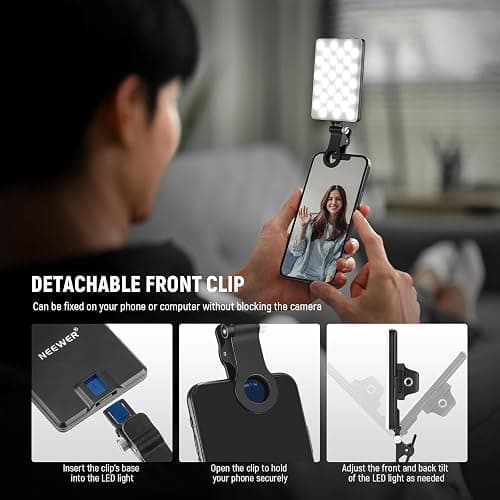 NEEWER BASICS Clip on LED Selfie Light Compatible with iPhone, 2000mAh Rechargeable, Phone Clamp Holder & Cleaning Cloth, Webcam Laptop Zoom Video Conference Recording Makeup Fill Lighting, NL-60AI thumbnail 6