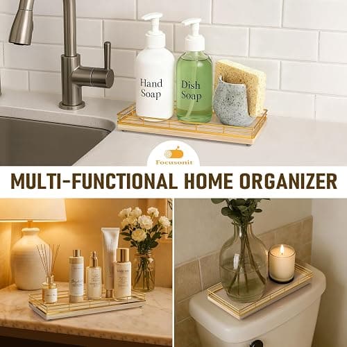 Bathroom Vanity Tray for Countertop, 12" x 6" Oak Wood Toilet Tank Tray with Metal Guardrail, Bathroom Organizer for Soap, Perfume & Skincare, Non-Slip Decorative Tray for Dresser, Gold & Natural Oak thumbnail 5