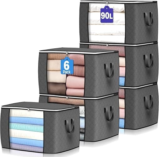 90 L Large Storage Bags, 6 Pack Clothes Storage Bins Foldable Closet Organizers Storage Containers with Reinforced Handle for Clothing, Blanket, Comforters, Bed Sheets, Pillows and Toys (Gray) - Image 1