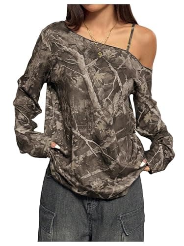 SOLY HUX Women's Camo T-Shirts Long Sleeve Cold Shoulder Loose Tee Shirts Vintage Streetwear thumbnail 2