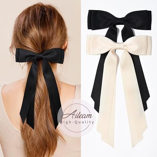 2PCS Hair Bows Hair Clip Beige Black Hair Ribbon Ponytail Holder Accessories Slides Metal Clips Hair Bow for Women Girls Toddlers Teens Kids thumbnail 4
