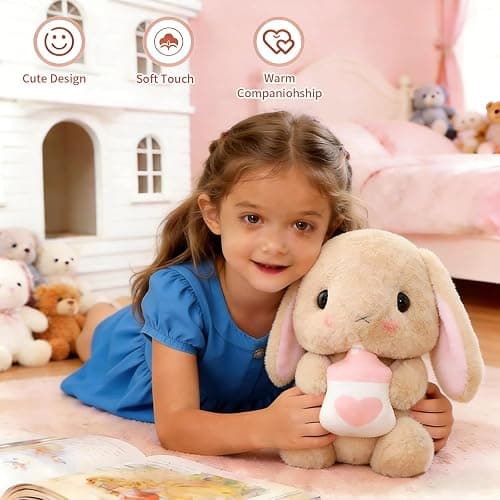 HOUPU Soft Toy - Sitting Lop Eared Rabbit, Easter White Rabbit Stuffed Bunny Animal with Carrot Soft Lovely Realistic Long-Eared Standing Pink Plush Toys (Brown-Milk Bottle,16.9in/43cm) thumbnail 7
