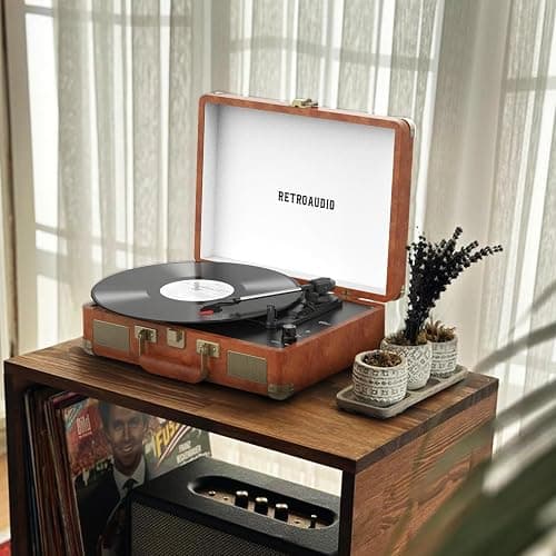 Vinyl Record Player 3-Speed Bluetooth Portable Suitcase Records Player with 2 Built-in Stereo Speakers, Belt-Driven Turntable for Vinyl Records, Support RCA Line Out, AUX Out, Brown thumbnail 7