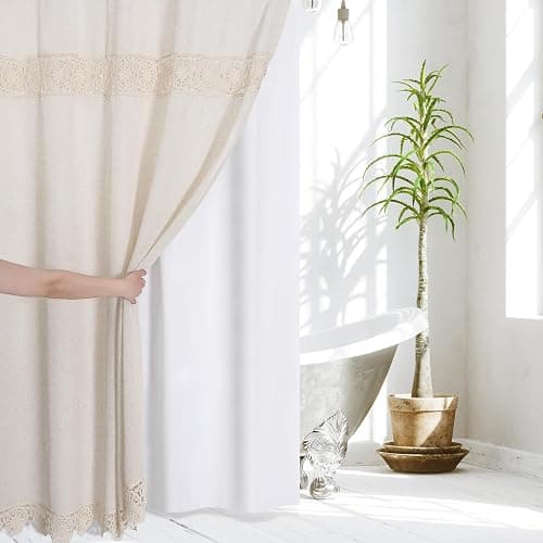 Gibelle Boho Farmhouse Shower Curtain Set, Linen Cotton Fabric Shower Curtain with Macrame Lace Decor, Modern Bohemian French Country Chic Bathroom Curtain with PEVA Liner 72x72 - Beige/Cream thumbnail 3