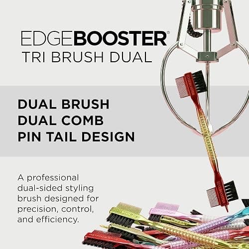 Style Factor EDGE BOOSTER Tri Brush Dual Pin Tail – Double-Sided Edge Control Brush & Comb with Boar Bristles – For Edges, Slick Backs, Baby Hair Styling, and Taming Flyaways (Purple Green/Stripe) thumbnail 2