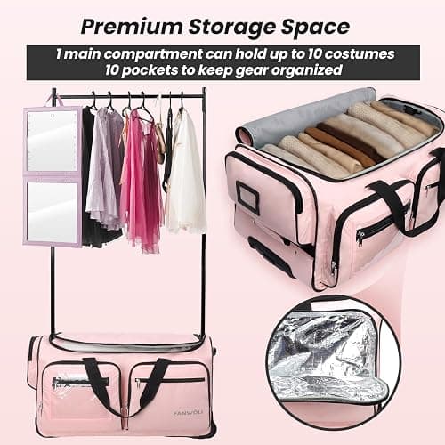 Fanwoli 28" Dance Bag with Garment Rack, Stable Rolling Competition Duffel | Ultra-Light Collection | Dual-Support Rack | 10-Pocket Storage|Silent Wheels | 300D Water-Resistant | 12-Costume Capacity thumbnail 5
