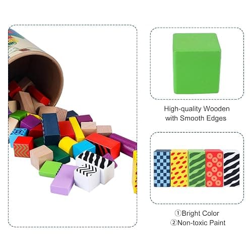 Offelec 50 Pcs Wooden Building Blocks Set with Storage Bucket, Montessori Stacking Blocks & Shape Sorting Toys for Toddlers, Preschool Learning Toys for Boys & Girls, Kids Brightly Colored Blocks thumbnail 6