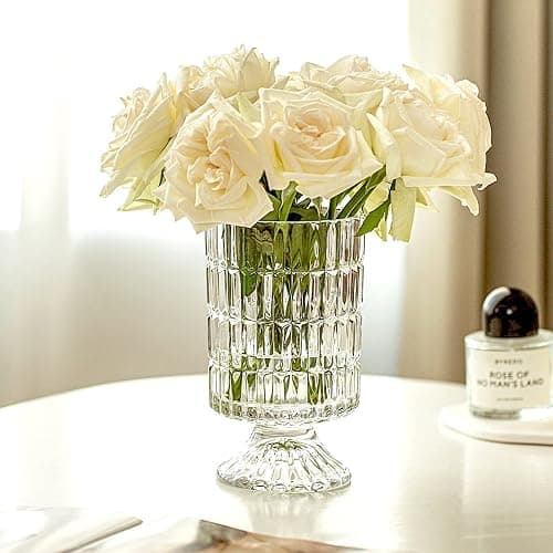 BLOFLO Embossed Glass Vase, 7'' Crystal Glass Vases, Pedestal Big Base Glass Bouquet Vase, Hydroponic Glass Transparent Vase for Home Office Wedding Dining Table Party (Ribbed Pattern) thumbnail 4