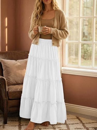 Trendy Queen Long Skirts for Women Boho Maxi Skirt Winter Swing Tiered A-Line Elastic High Waist Dress with Pockets Fashion thumbnail 6