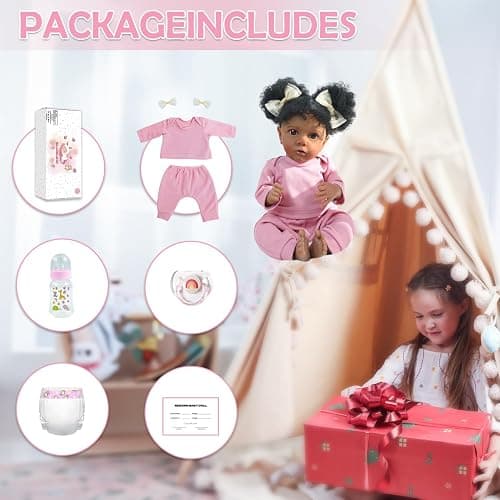 WOOROY Reborn Baby Dolls Girl Black African American - 20 Inch Realistic Newborn Baby Doll in Pink Outfit, Soft Cloth Body with Full Accessories, Gift for Kids Aged 3+ thumbnail 6
