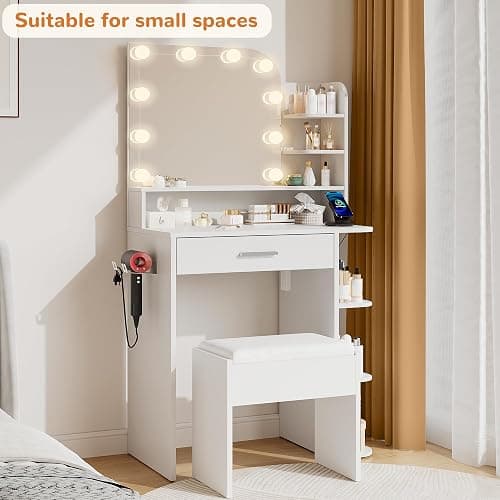 wanan Small Vanity, Set with Chair, Big Mirror & Lights, for Girls, White | Small footprint, huge storage, 14.2×26.5×54.4", 6 shelves+drawer, outlet+hairdryer rack, 10 bright bulbs, dimmable & memory thumbnail 2