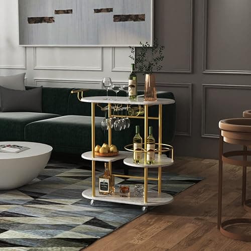 PAUKIN Gold Bar Carts with 4-Tier Storage Shelves, Mobile Bar Serving Cart with Wine Rack and Glass Holder, for The Home, Kitchen, Living Room, Dining Room thumbnail 10