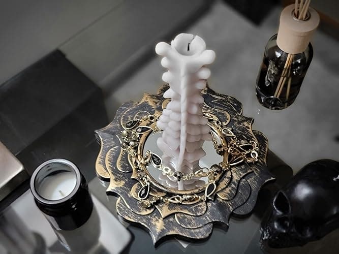 Zellinni Spine Candle for Halloween Decor - Premium Unscented Soy Candle w/Cotton Wick for Clean Burn - Goth Room Decor Vertebra Candles for Parties, Home, Rituals, Halloween Decorations Indoor - Gray - Grey white bone thumbnail 4