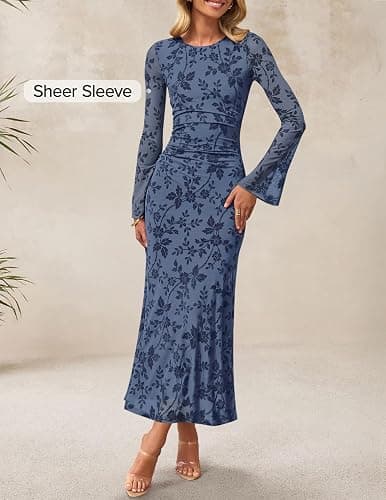 ZESICA Women's Long Sleeve Floral Bodycon Dress 2025 Fall Fashion Ruched Mesh Wedding Guest Cocktail Party Maxi Dresses thumbnail 2