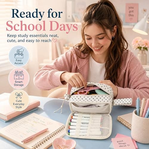Bluboon Big Capacity Pencil Case Pencil Pouch Pen Case School Supplies Cute Pencil Box Pencil Bag for Teen Girls Boys Women Man (Black dots - White) thumbnail 5