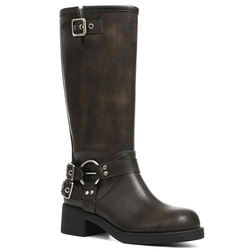 AMINUGAL Knee High Boots Women Square Toe Pull On Wide Calf Riding Fashion Buckles Chunky Metallic Casual Vintage Buckle Rivet - Image 1