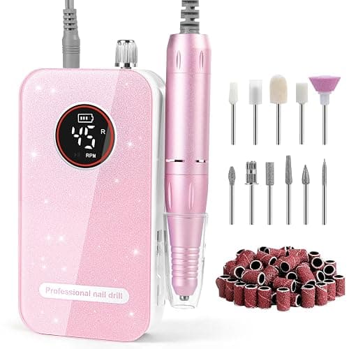 Professional Nail Drill Electric File 45000RPM, Portable Rechargeable Electric Nail File with 11 Drill Bits & 50 Sanding Bands, Low Noise Nail Drill Kit for Acrylic Gel Nails, Salon & Home Use, Pink - Image 1