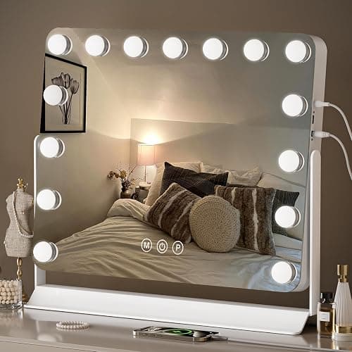 Hollywood Vanity Mirror with Lights, 60x53cm Lighted Makeup Mirror with 15 Dimmable Bulbs, 360° Rotating, 3 Lighting Modes, Smart Touch Control, USB & Type C Output Port, Gift for Women and Girls - Image 1