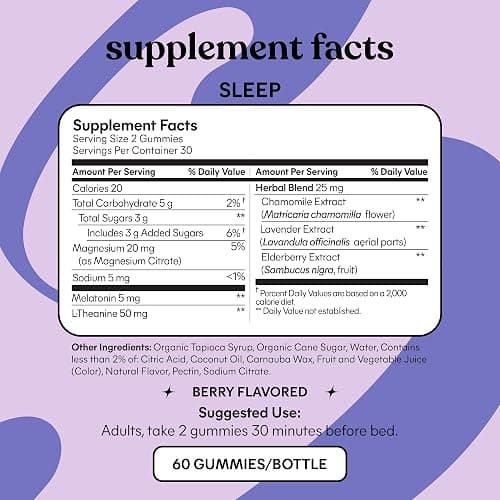 Lemme Sleep Gummies with 5mg Melatonin, Elderberry, Magnesium, L-Theanine, Chamomile and Lavender, Drug-Free Nighttime Sleep Aid, Gluten Free, Gelatin Free, Non GMO, Berry Flavored (60 Count) thumbnail 2