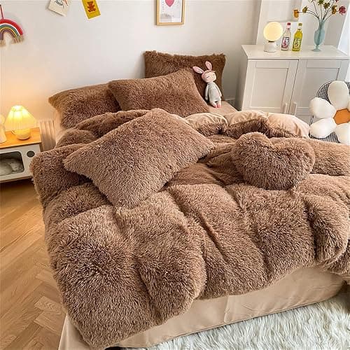 chovy Faux Fur Plush Coffee Comforter Sets Queen - Ultra Soft Shaggy Flannel Velvet Fluffy Fuzzy 3PC Bedding Set （Comforter x 1 Pillowcases x 2） thumbnail 2