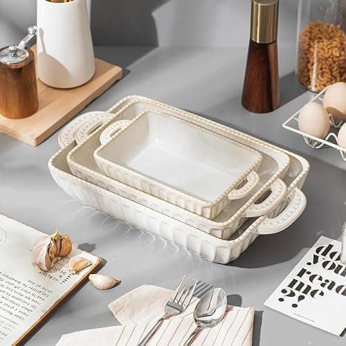 Feenmai Casserole Dish for Oven, Ceramic Baking Dishes Set, Vintage Hobnail Bakeware Sets of 3, Rectangular Baking Pan, Deep Lasagna Pan with Handle for Cake, Wedding Kitchen Gift, 13.77“/11.6"/8.85" thumbnail 8