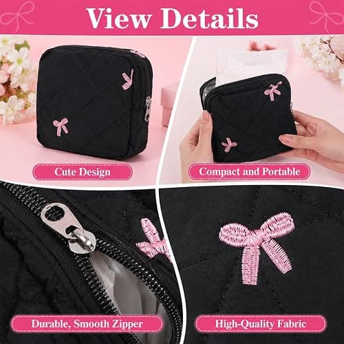 Portable Period Pouch, Cute Small Period Bag for Purse, Black Corduroy Sanitary Pad Pouch for Women thumbnail 3