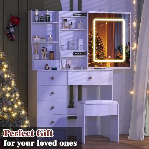 Umeiga Vanity Desk with Sliding Mirror and LED Lights, Small Makeup Vanity Table Set with Chair and Drawers, White Vanity with Lighted Mirror for Bedroom, Dressing Table for Teen Girls and Women thumbnail 7