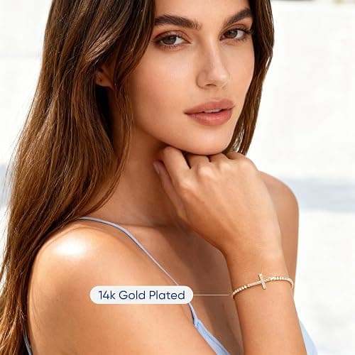 Cross Tennis Bracelets for Women : Classic Bracelet Cubic Zirconia with 14K Gold Plated Religious Wrist Chain Trendy Adjustable Link Chain Jewelry Gifts thumbnail 3