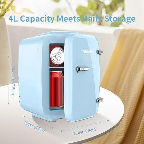 YASHE Mini Fridge for Bedroom, 4 Liter/6 Cans Small Fridge, AC/DC Thermoelectric Cooler and Warmer Mini Fridge for Drink Office Dorm Car, Blue thumbnail 2