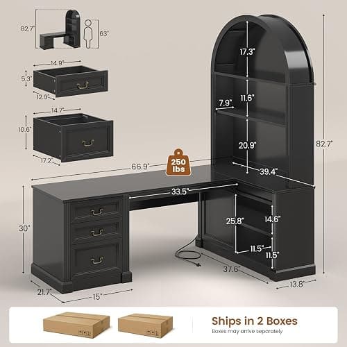 SEDETA 67" L Shaped Desk with Tall Arched Bookshelf & 3 Drawers Storage | Black Mid-Century Office Computer Desk with Hutch Shelves, Corner Executive Desk with Sliding Barn Door for Home Office thumbnail 2