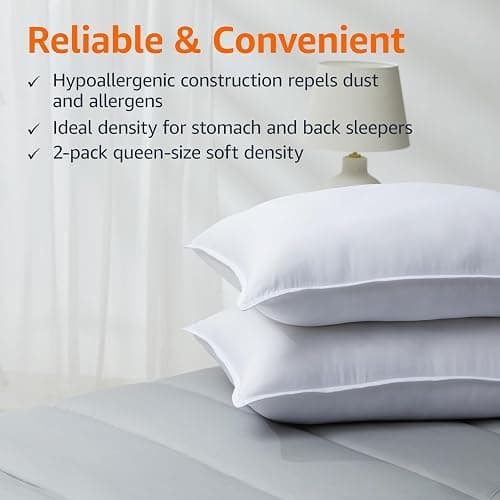 Amazon Basics Down Alternative Pillows, Soft Density for Stomach and Back Sleepers, Queen - Pack of 2, White, 30 in L x 20 in W thumbnail 5