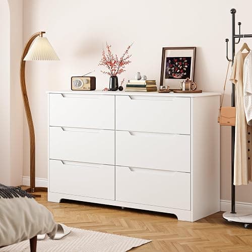 Gizoon 6 Drawer Double Dresser for Bedroom with Anti-Tip Design, White | Modern Wide Wooden Chest of Drawers with Cut-Out Handles, Closet Storage Organizer and TV Stand for Living Room, Hallway thumbnail 7