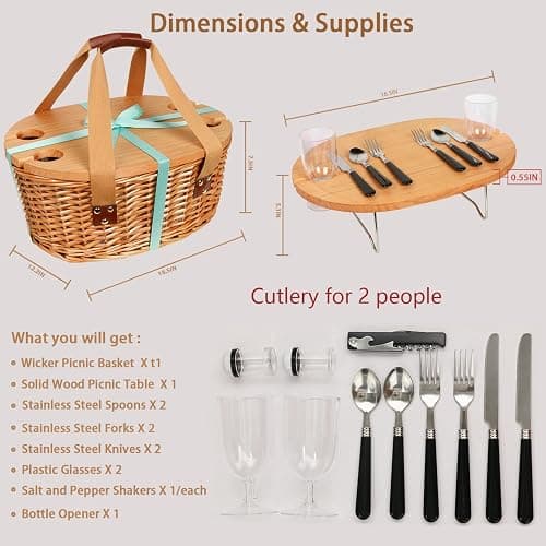 Hap Tim Wicker Picnic Basket Set for 2 with Mini Folding Wine Picnic Table & Large Insulated Cooler Bag & Cutlery Service Kits for 2 Person, Couples Gifts, Wedding Gifts (Y2209-2-CM) - 2 person - Cream White thumbnail 5